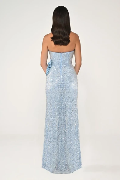 Alfa Beta Straplez Göğüsü Asimetrik Kesim Payet Kumaş Uzun Abiye Elbise - Resim 6