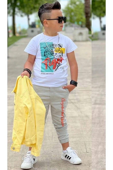 Erkek Çocuk Kaplan Detaylı T-shirt Sırt Baskılı Sarı Jean Ceket Kargo Cepli Alt Üst Takım - 3