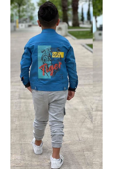 Erkek Çocuk Kaplan Detaylı T-shirt Sırt Baskılı Mavi Jean Ceket Kargo Cepli Alt Üst Takım - 5