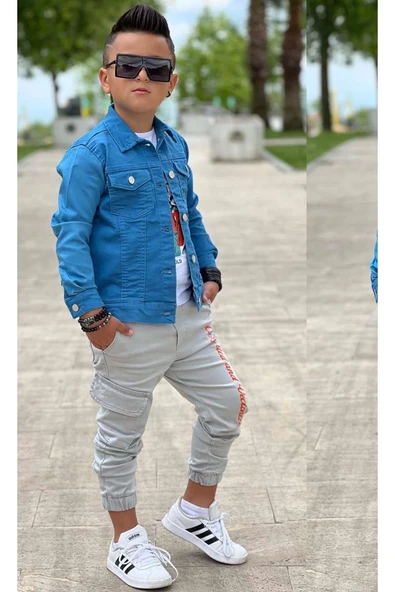 Erkek Çocuk Kaplan Detaylı T-shirt Sırt Baskılı Mavi Jean Ceket Kargo Cepli Alt Üst Takım - 4