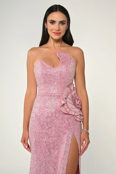 Alfa Beta Straplez Göğüsü Asimetrik Kesim Payet Kumaş Uzun Abiye Elbise - Resim 11