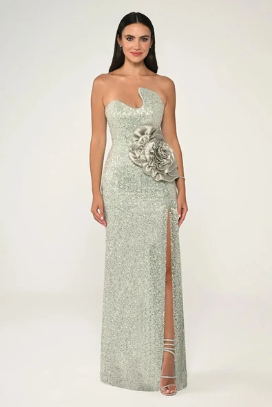 Alfa Beta Straplez Göğüsü Asimetrik Kesim Payet Kumaş Uzun Abiye Elbise - Resim 2