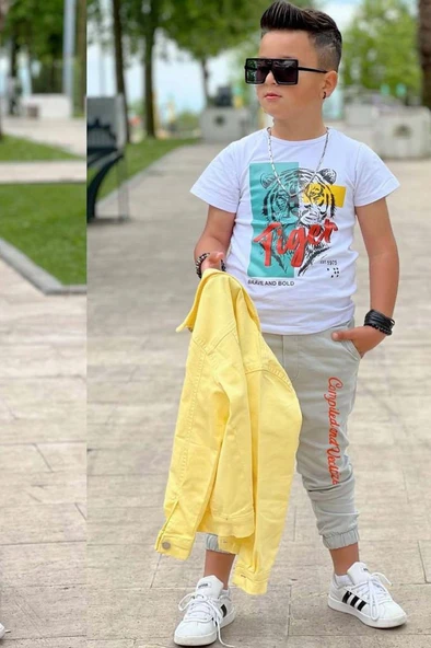Erkek Çocuk Kaplan Detaylı T-shirt Sırt Baskılı Sarı Jean Ceket Kargo Cepli Alt Üst Takım - 4