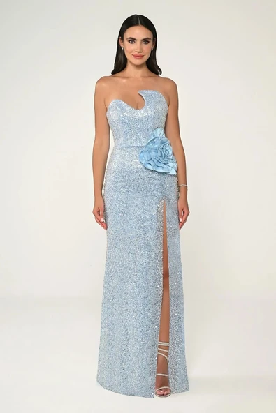 Alfa Beta Straplez Göğüsü Asimetrik Kesim Payet Kumaş Uzun Abiye Elbise - Resim 3