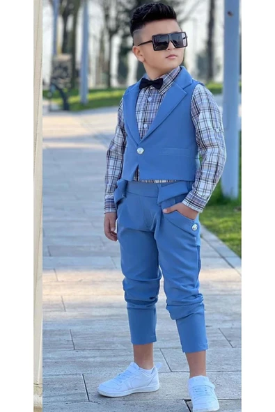 Erkek Çocuk Gümüş Düğme Detaylı Yelek Papyonlu Ekose Çizgili Gömlek Mavi Alt Üst Takım - Resim 3