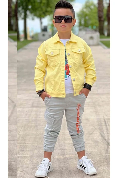 Erkek Çocuk Kaplan Detaylı T-shirt Sırt Baskılı Sarı Jean Ceket Kargo Cepli Alt Üst Takım