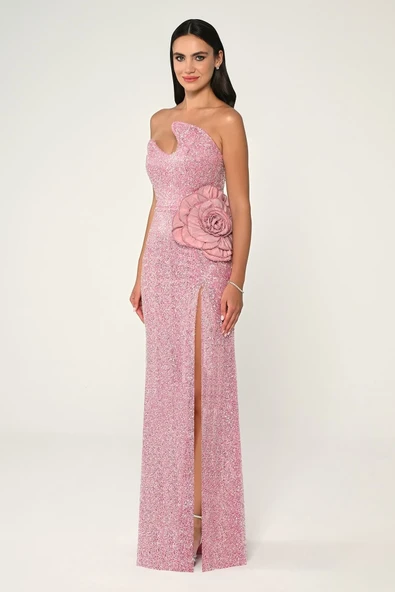 Alfa Beta Straplez Göğüsü Asimetrik Kesim Payet Kumaş Uzun Abiye Elbise - Resim 12