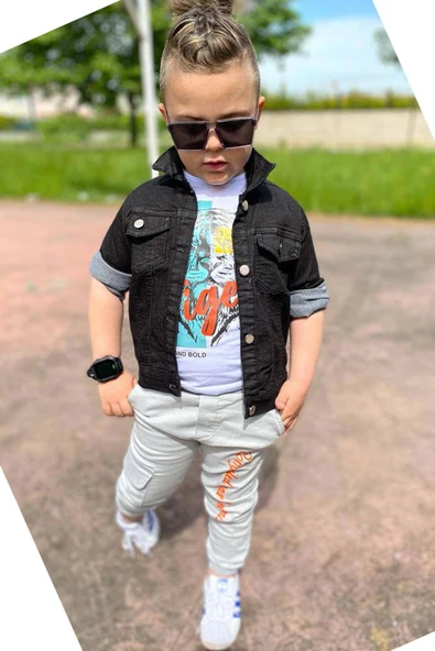 Erkek Çocuk Kaplan Detaylı T-shirt Sırt Baskılı Siyah Jean Ceket Kargo Cepli Alt Üst Takım - 10