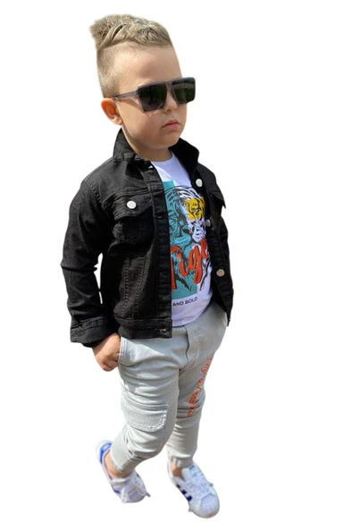 Erkek Çocuk Kaplan Detaylı T-shirt Sırt Baskılı Siyah Jean Ceket Kargo Cepli Alt Üst Takım - 8