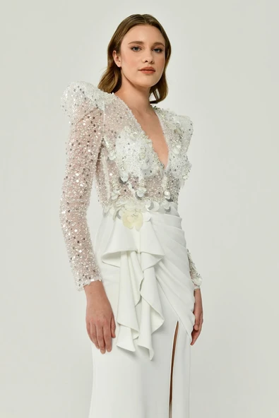 Alfa Beta Uzun Kollu Derin V Yaka Önden Yırtmaçlı Uzun Abiye Elbise - 6