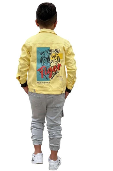 Erkek Çocuk Kaplan Detaylı T-shirt Sırt Baskılı Sarı Jean Ceket Kargo Cepli Alt Üst Takım - 8