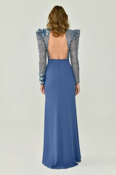 Alfa Beta Uzun Kollu Derin V Yaka Önden Yırtmaçlı Uzun Abiye Elbise - 5