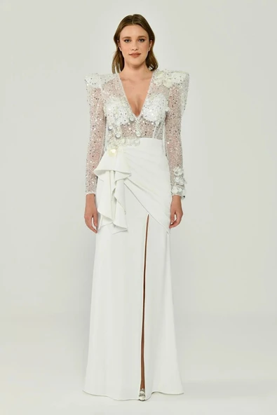 Alfa Beta Uzun Kollu Derin V Yaka Önden Yırtmaçlı Uzun Abiye Elbise - 9