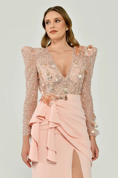 Alfa Beta Uzun Kollu Derin V Yaka Önden Yırtmaçlı Uzun Abiye Elbise - 2