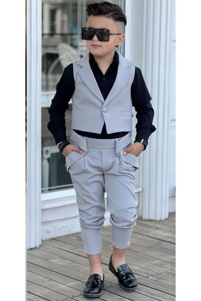 Erkek Çocuk Gümüş Düğme Detaylı Yelek Gabardin Siyah Gömlek Gri Alt Üst Takım ürün görseli