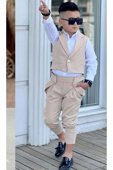 Erkek Çocuk Gümüş Düğme Detaylı Yelek Gabardin Beyaz Gömlek Krem Alt Üst Takım - Resim 3