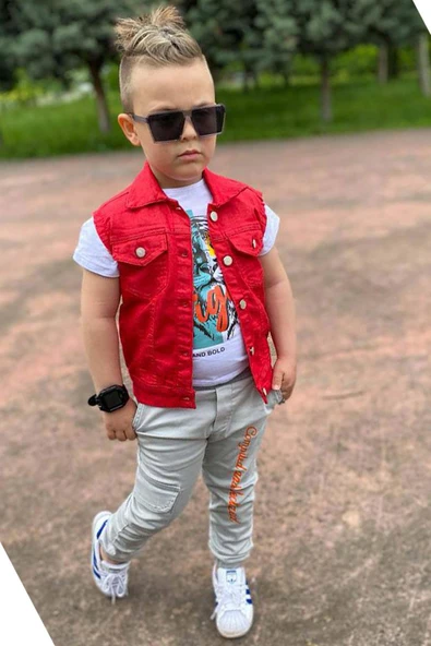 Erkek Çocuk Kaplan Detaylı T-shirt Sırt Baskılı Kolsuz Kırmızı Jean Ceket Kargo Cepli Alt Üst Takım - 8