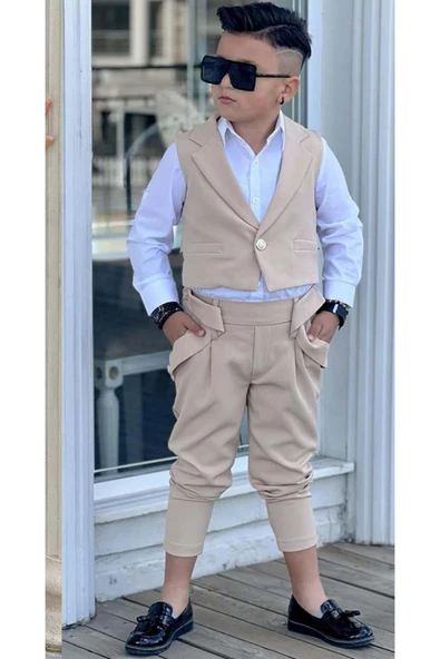 Erkek Çocuk Gümüş Düğme Detaylı Yelek Gabardin Beyaz Gömlek Krem Alt Üst Takım - Resim 2