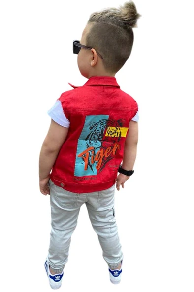 Erkek Çocuk Kaplan Detaylı T-shirt Sırt Baskılı Kolsuz Kırmızı Jean Ceket Kargo Cepli Alt Üst Takım - 4