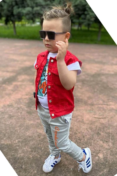 Erkek Çocuk Kaplan Detaylı T-shirt Sırt Baskılı Kolsuz Kırmızı Jean Ceket Kargo Cepli Alt Üst Takım - 12