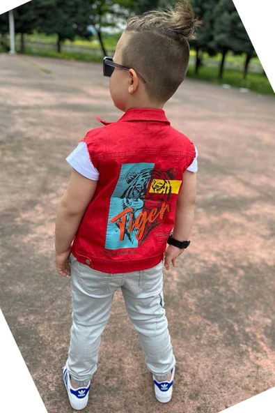 Erkek Çocuk Kaplan Detaylı T-shirt Sırt Baskılı Kolsuz Kırmızı Jean Ceket Kargo Cepli Alt Üst Takım - 10