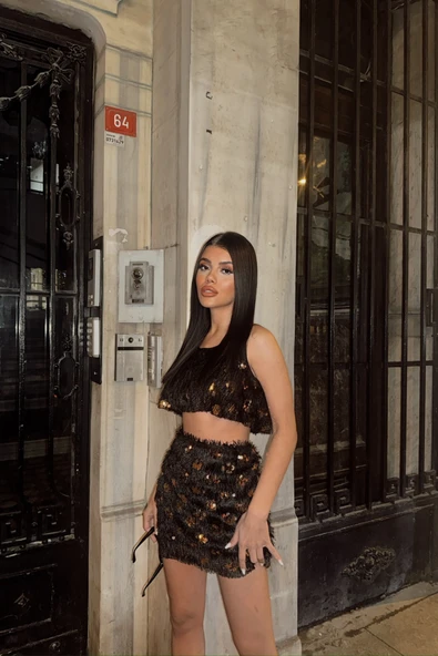 PÜSKÜL PAYET CROP BLUZ-KISA ETEK TAKIM - Gold