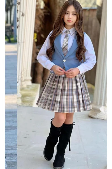 Kız Çocuk Gümüş Düğme Detaylı Mavi Yelek Gabardin Gömlek Kravatlı Ekose Çizgili Etekli Takım ürün görseli