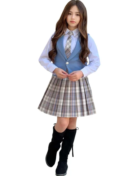 Kız Çocuk Gümüş Düğme Detaylı Mavi Yelek Gabardin Gömlek Kravatlı Ekose Çizgili Etekli Takım - Resim 5