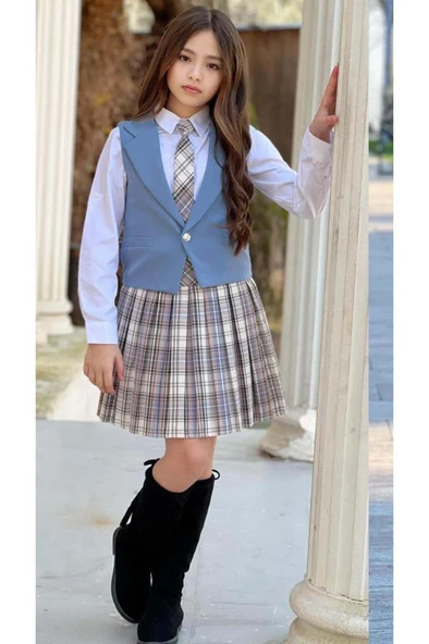 Kız Çocuk Gümüş Düğme Detaylı Mavi Yelek Gabardin Gömlek Kravatlı Ekose Çizgili Etekli Takım - Resim 3