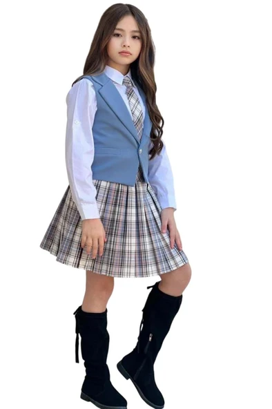 Kız Çocuk Gümüş Düğme Detaylı Mavi Yelek Gabardin Gömlek Kravatlı Ekose Çizgili Etekli Takım - Resim 6