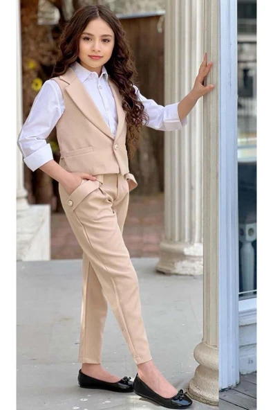 Kız Çocuk Gümüş Düğme Detaylı Yelek Gabardin Beyaz Gömlek Krem Alt Üst Takım ürün görseli