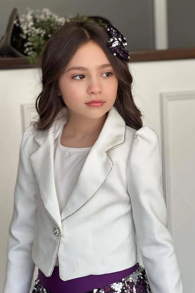 Kız Çocuk Kruvaze Yaka Kenarlar Taş Şerit İşlemeli Ceket Mor Pullu Etekli Takım - Resim 4