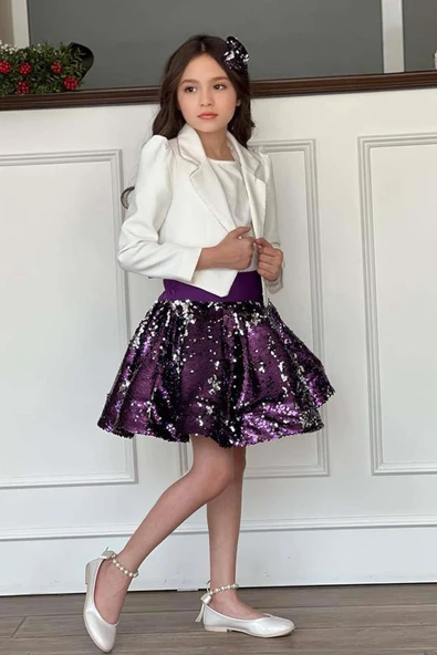 Kız Çocuk Kruvaze Yaka Kenarlar Taş Şerit İşlemeli Ceket Mor Pullu Etekli Takım - Resim 2