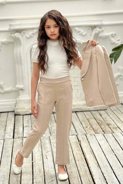 Kız Çocuk Yakası Fırfır Tüllü Dik Yaka Kazak Blazer Ceket Kırçılı Krem Alt Üst Takım - 4