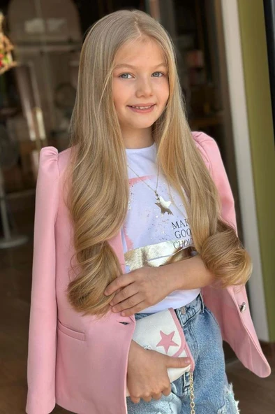 Kız Çocuk Baskılı T-shirt Bol Kesim Yıldız Detaylı Jean Pantolon Pudra Blazer Ceket Alt Üst Takım - 5