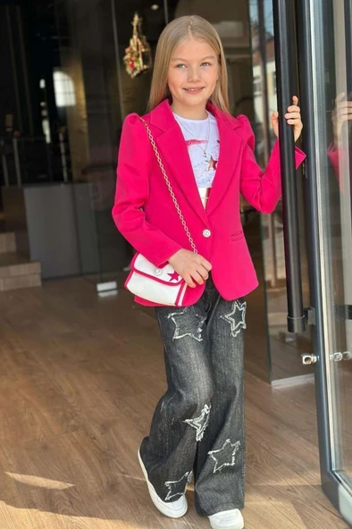 Kız Çocuk Baskılı T-shirt Bol Kesim Yıldız Detaylı Jean Pantolon Fuşya Blazer Ceket Alt Üst Takım - 2