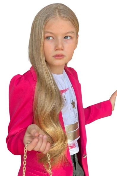 Kız Çocuk Baskılı T-shirt Bol Kesim Yıldız Detaylı Jean Pantolon Fuşya Blazer Ceket Alt Üst Takım - 8