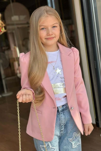 Kız Çocuk Baskılı T-shirt Bol Kesim Yıldız Detaylı Jean Pantolon Pudra Blazer Ceket Alt Üst Takım - 4