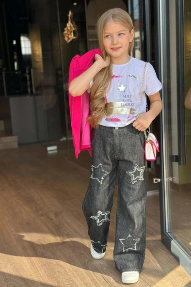 Kız Çocuk Baskılı T-shirt Bol Kesim Yıldız Detaylı Jean Pantolon Fuşya Blazer Ceket Alt Üst Takım - 4