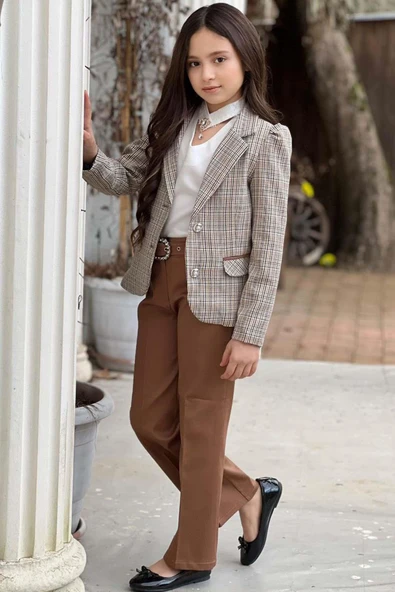 Kız Çocuk Yakası Açık Ve Taş Detaylı Bluz Ekose Çizgi Blazer Ceket Kemerli Taba Alt Üst Takım - Resim 2