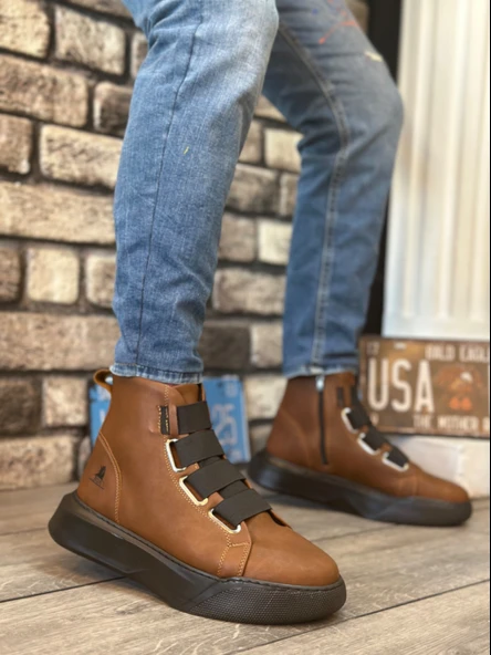 ET0142 Bantlı Erkek Yüksek Taban Kahverengi Spor Bot