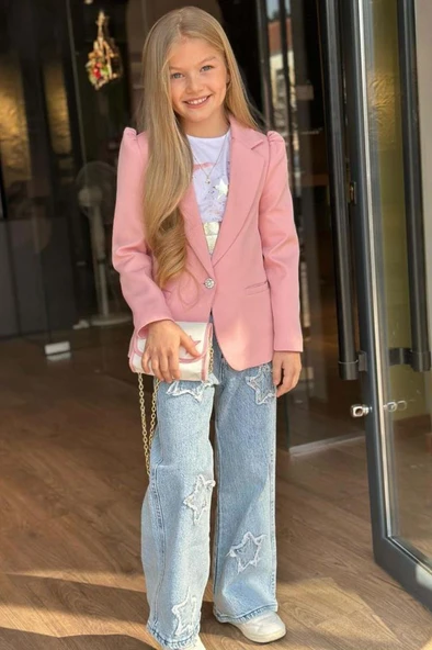 Kız Çocuk Baskılı T-shirt Bol Kesim Yıldız Detaylı Jean Pantolon Pudra Blazer Ceket Alt Üst Takım - 2