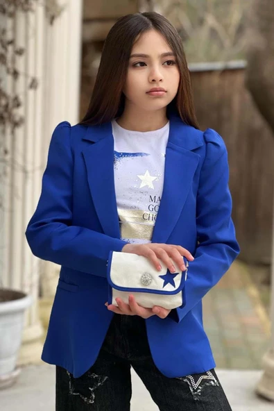 Kız Çocuk Baskılı T-shirt Bol Kesim Yıldız Detaylı Jean Pantolon Mavi Blazer Ceket Alt Üst Takım - 3