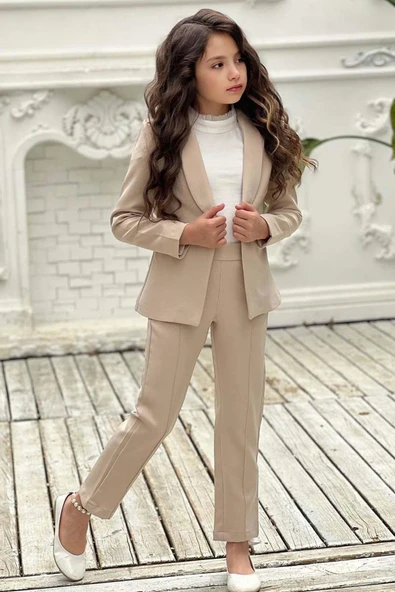 Kız Çocuk Yakası Fırfır Tüllü Dik Yaka Kazak Blazer Ceket Kırçılı Krem Alt Üst Takım - 3