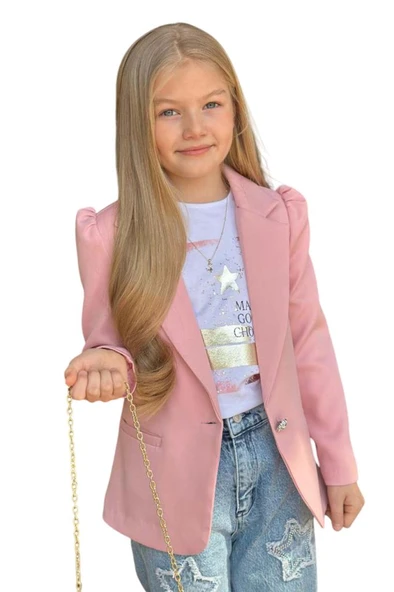 Kız Çocuk Baskılı T-shirt Bol Kesim Yıldız Detaylı Jean Pantolon Pudra Blazer Ceket Alt Üst Takım - 8