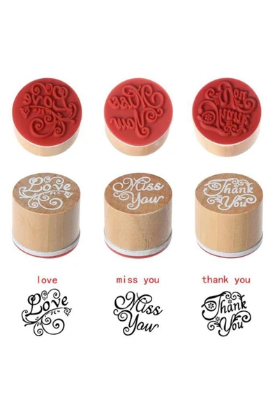 Ahşap Damga 3’lü Mühür Set Love - Miss You - Thank You Temalı