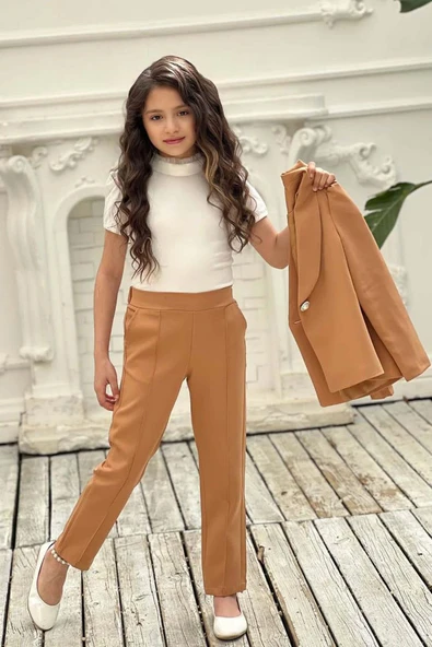 Kız Çocuk Yakası Fırfır Tüllü Dik Yaka Kazak Blazer Ceket Kırçılı Kemer Kahverengi Alt Üst Takım - 3