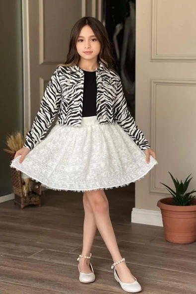 Kız Çocuk Bisiklet Yaka Penye T-shirt Zebra Desenli Jean Ceket Üzeri Kırçıllı Beyaz Etekli Takım - 3
