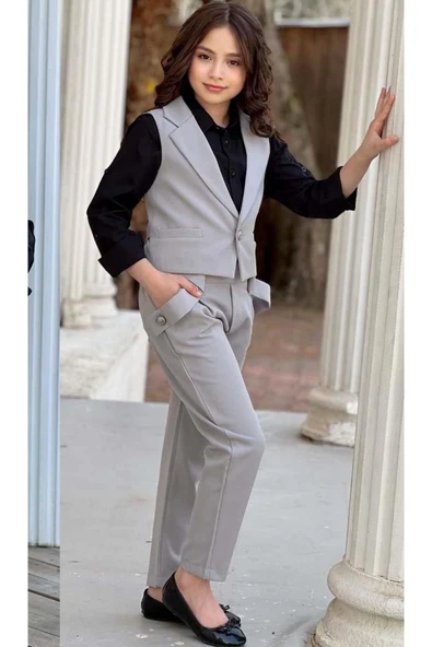 Kız Çocuk Gümüş Düğme Detaylı Yelek Gabardin Siyah Gömlek Gri Alt Üst Takım ürün görseli