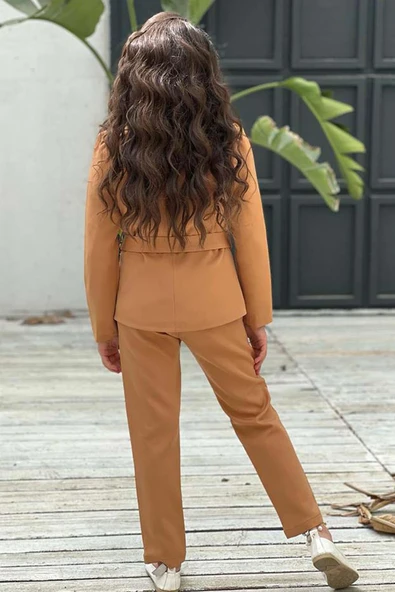 Kız Çocuk Yakası Fırfır Tüllü Dik Yaka Kazak Blazer Ceket Kırçılı Kemer Kahverengi Alt Üst Takım - 4